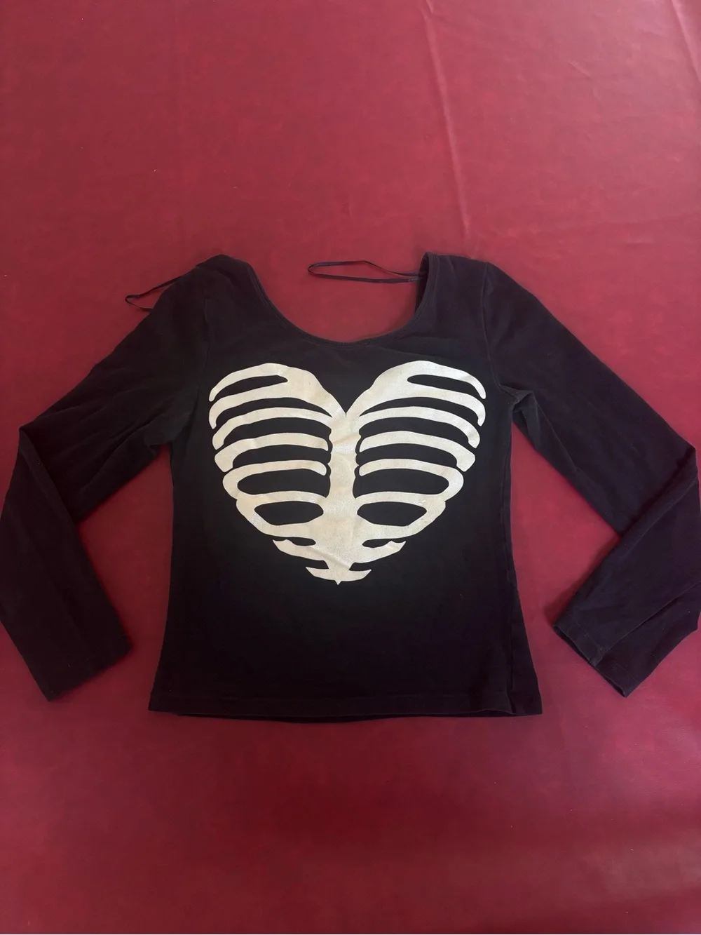 Black Long-Sleeve Top with White Ribcage Heart Graphic